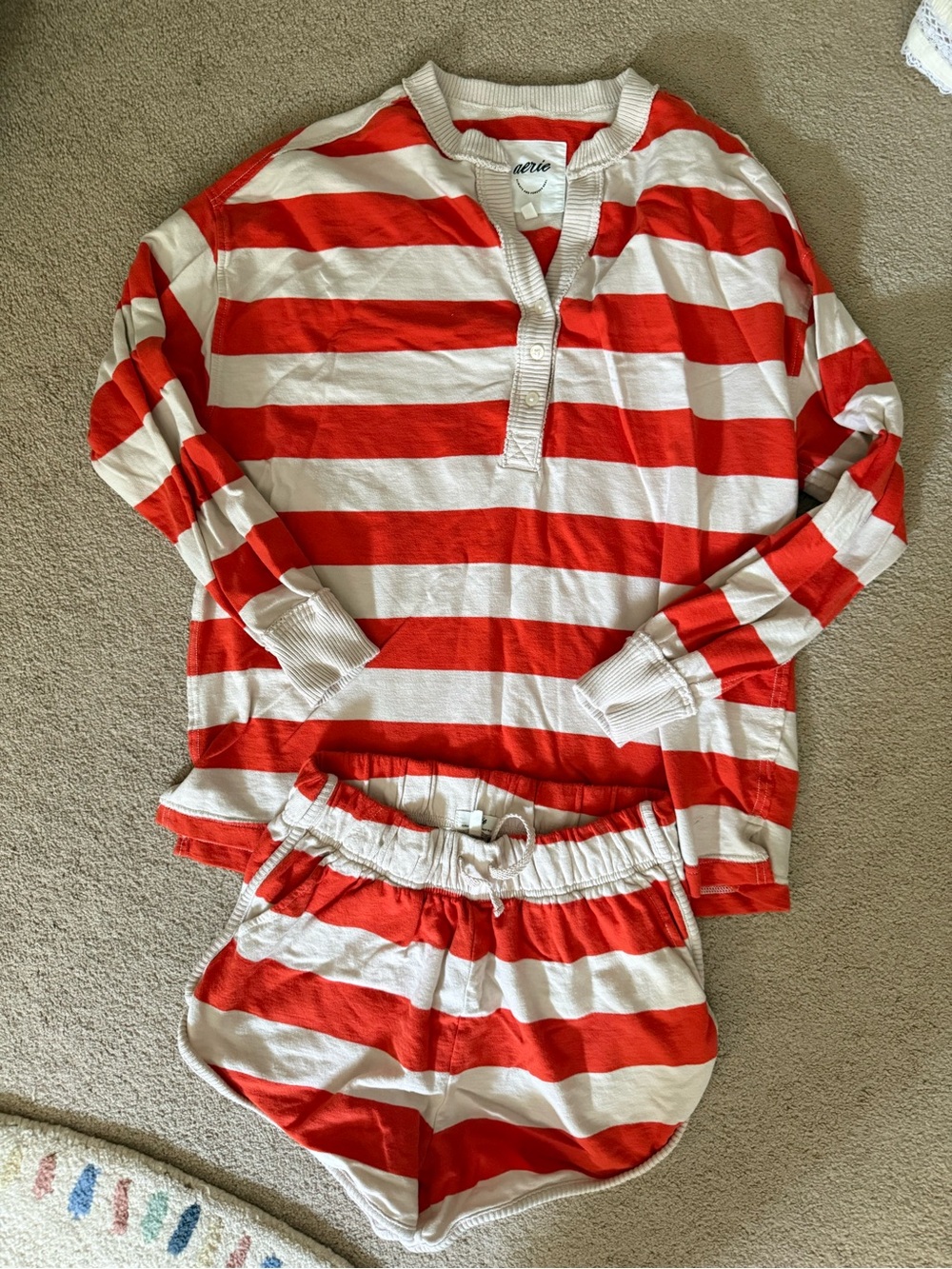 Aerie Red & White Stripe Henley Top and Shorts Set